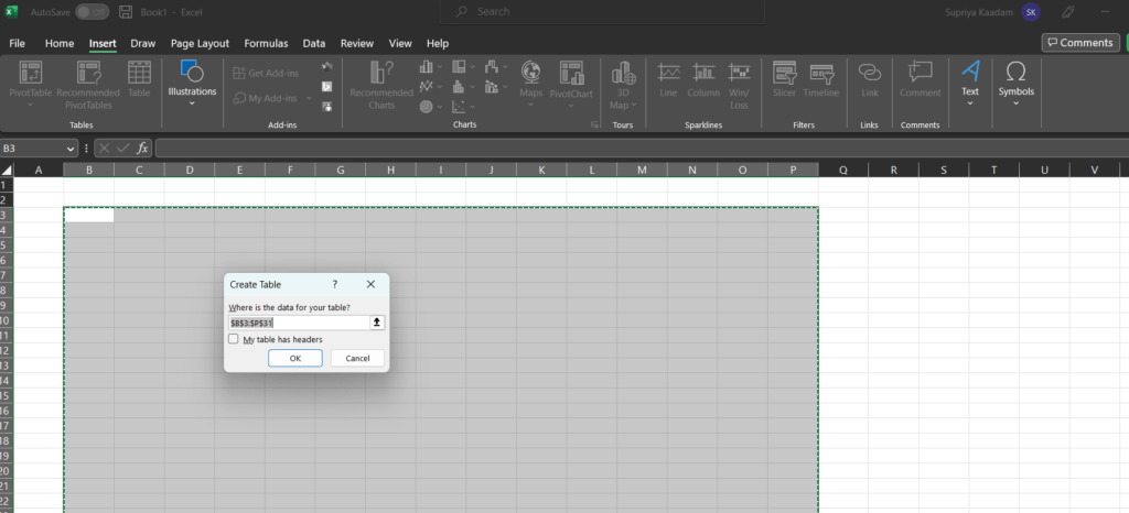 excel creating table