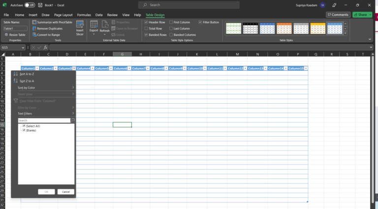 excel table to sort and filter data